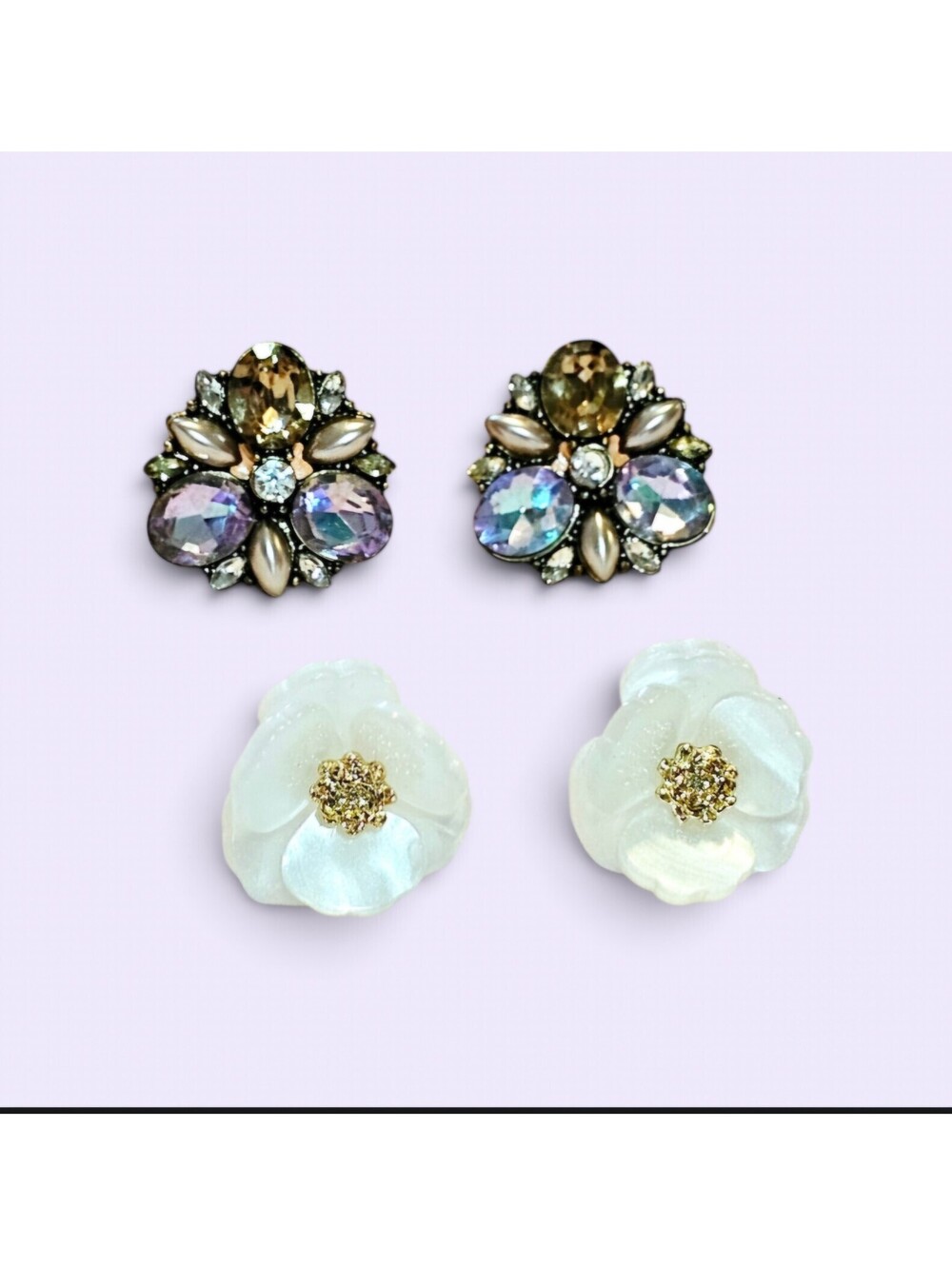 Two Baublebar NEW Vintage Style Rhinestone and White Flower Pierced Earrings